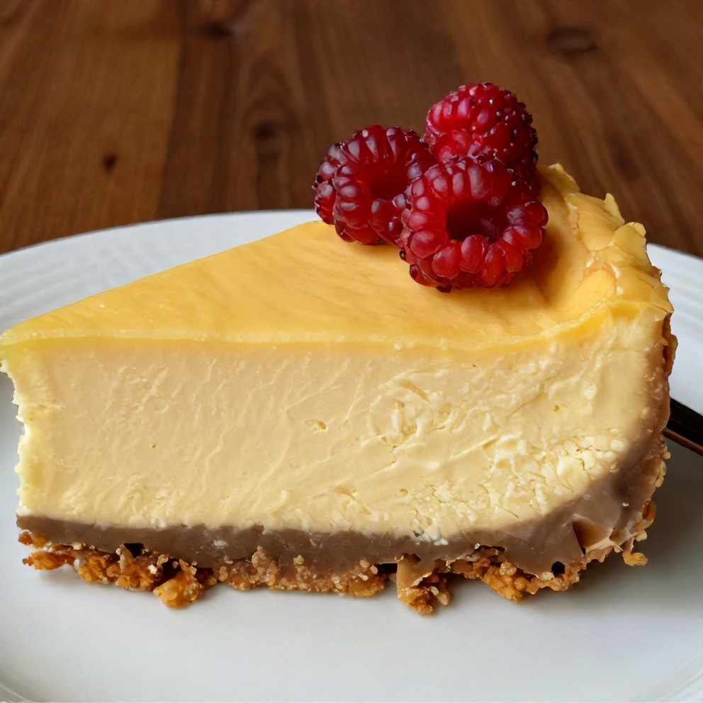 One perfect slice of three ingredient no bake cheesecake on a white plate, garnished with fresh berries.