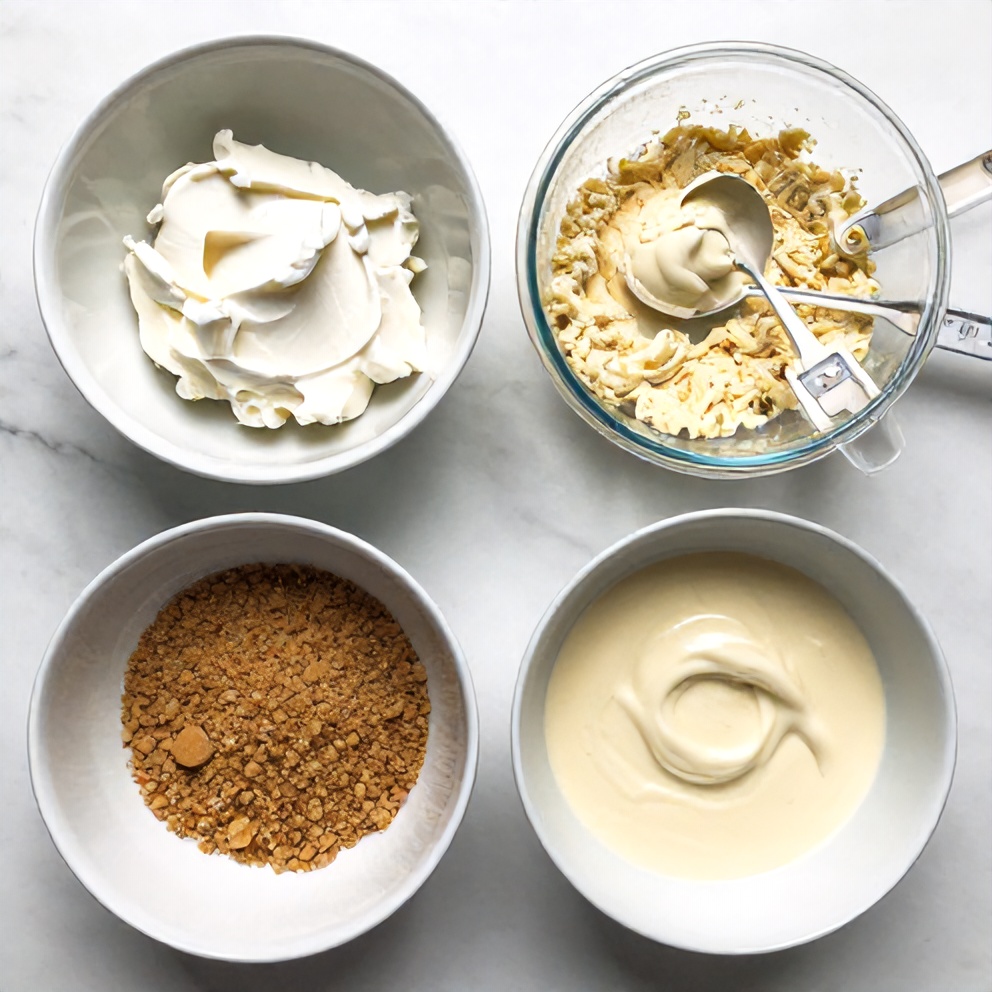 Overhead flat lay of graham cracker crumbs, cream cheese, sweetened condensed milk, and vanilla extract on a white marble surface.