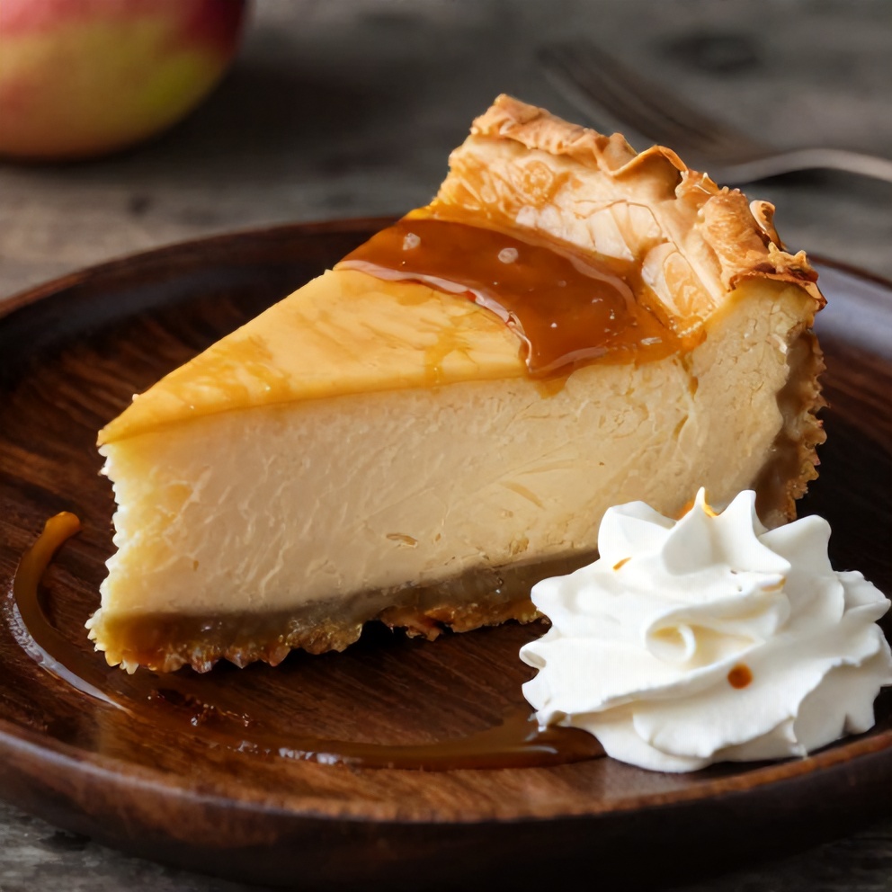 Sliced Salted Caramel Apple Pie Cheesecake on a plate with caramel drizzle