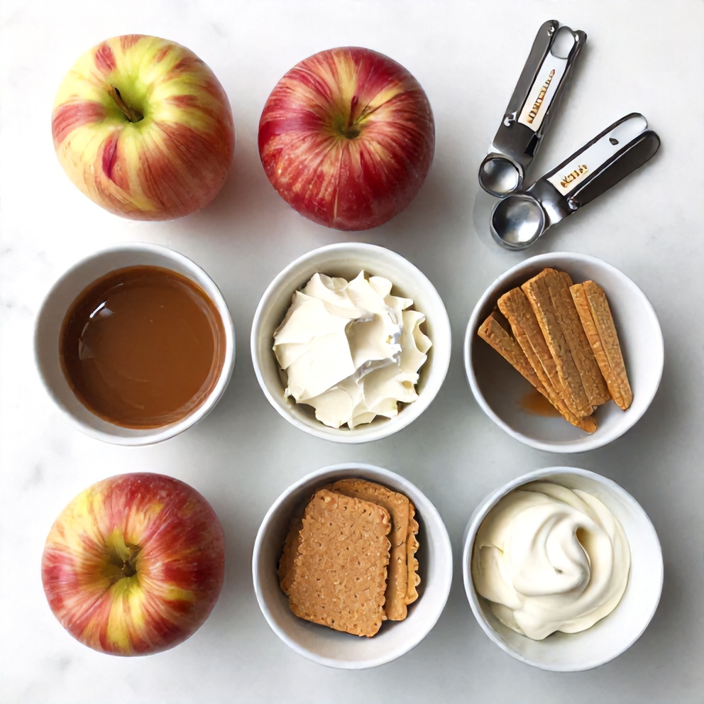 Raw ingredients for Salted Caramel Apple Pie Cheesecake including apples, caramel sauce, and graham crackers