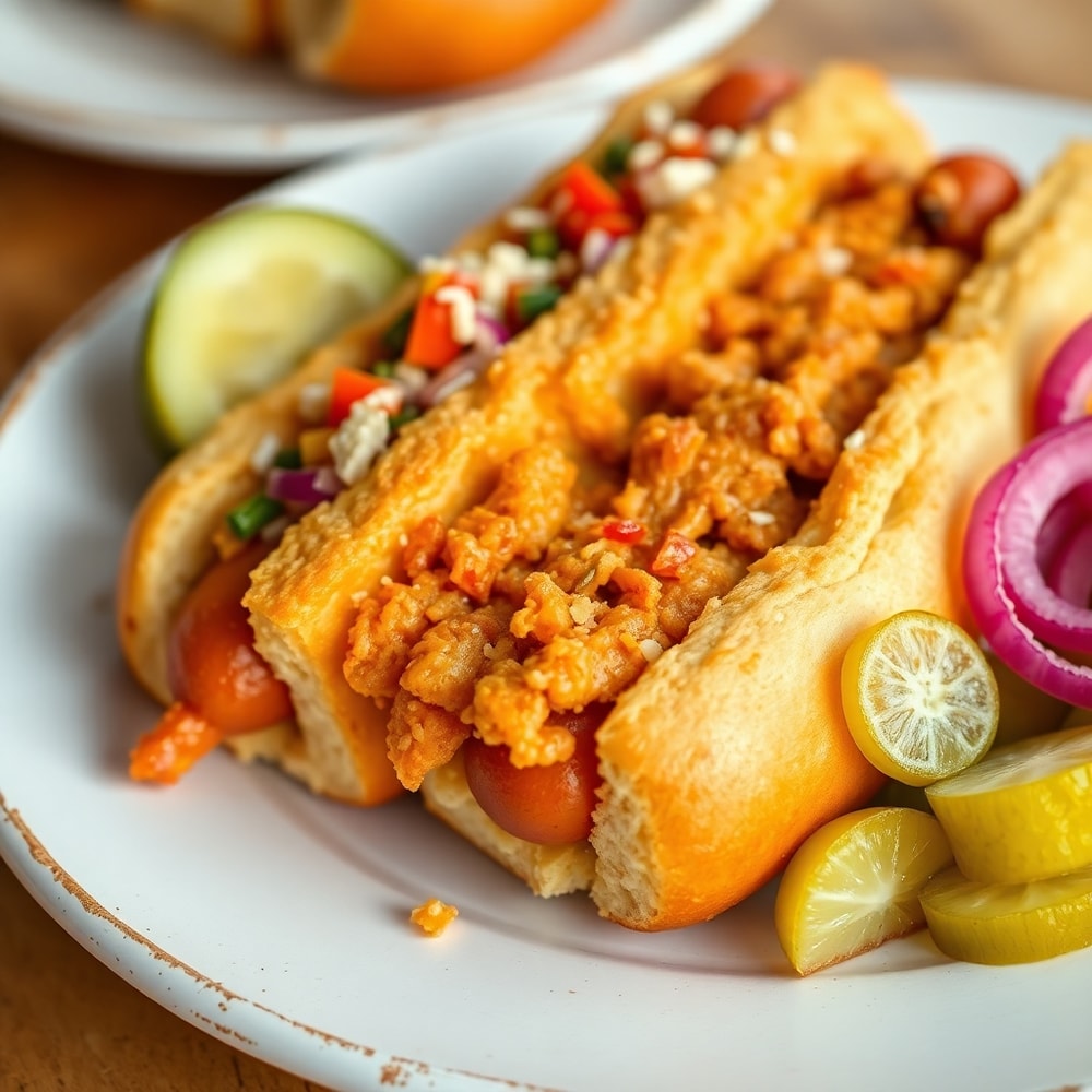 Plated Firecracker Hot Dogs with pickles and onions