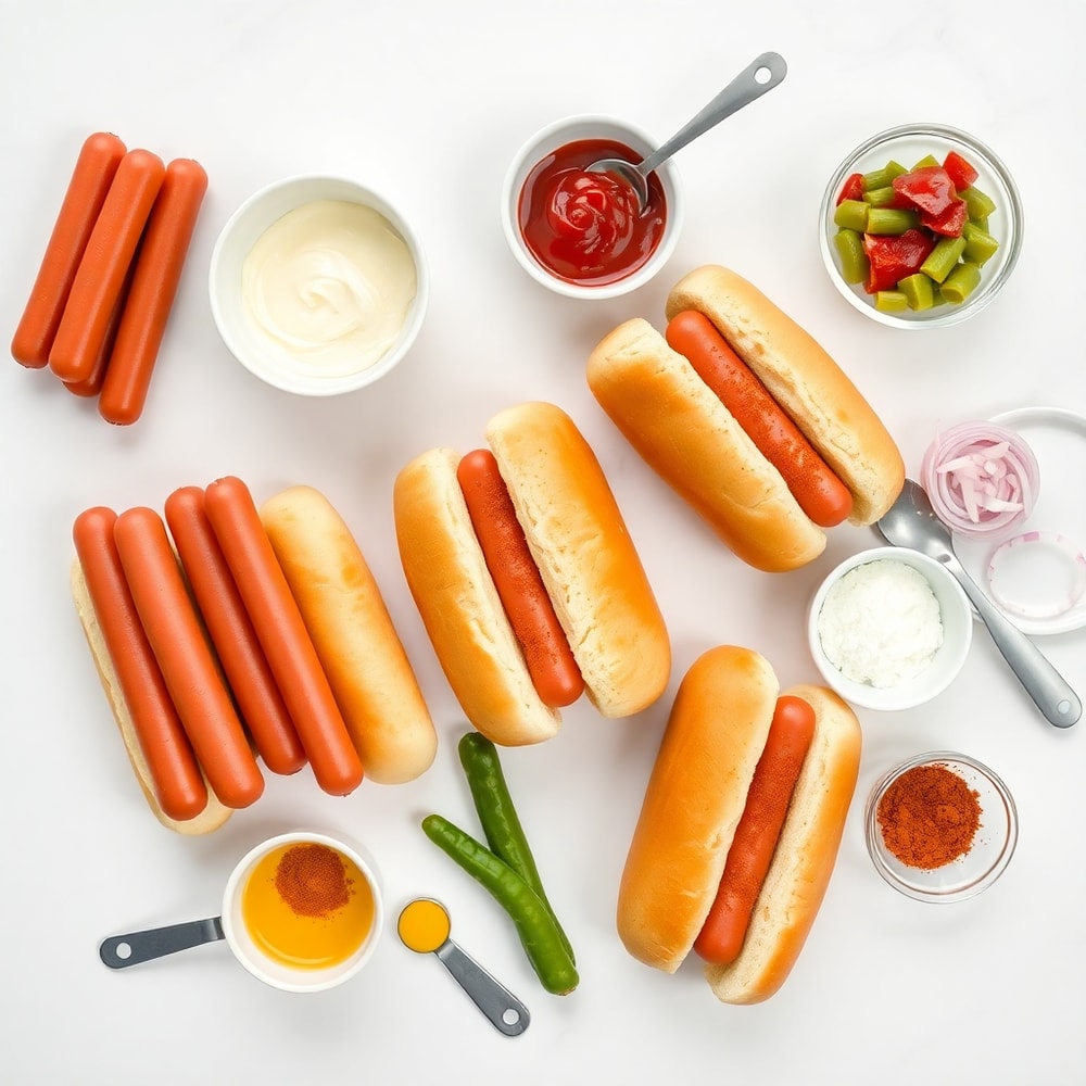 Raw ingredients for Firecracker Hot Dogs on a marble surface
