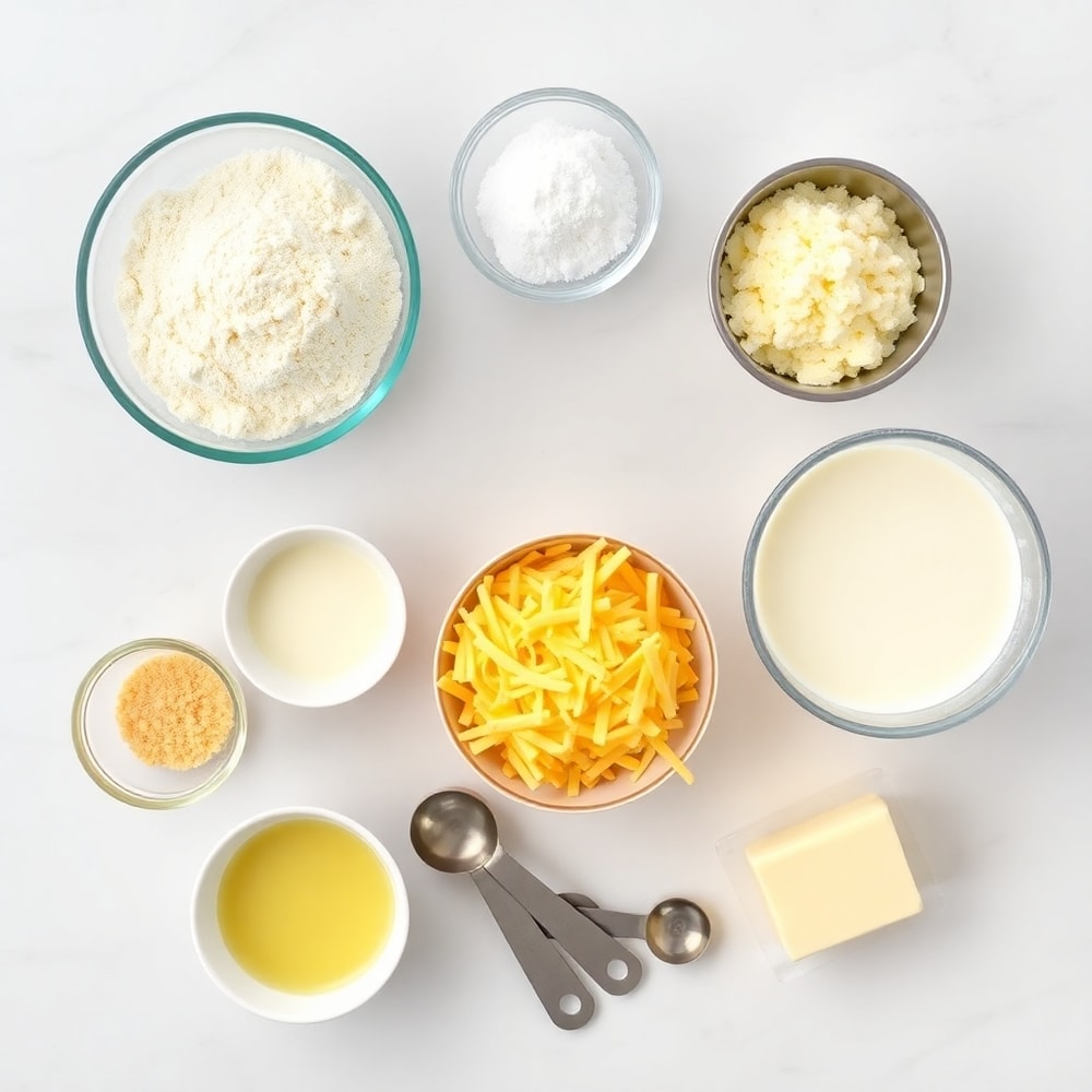 Ingredients for Cheesy Protein Biscuits on a marble counter