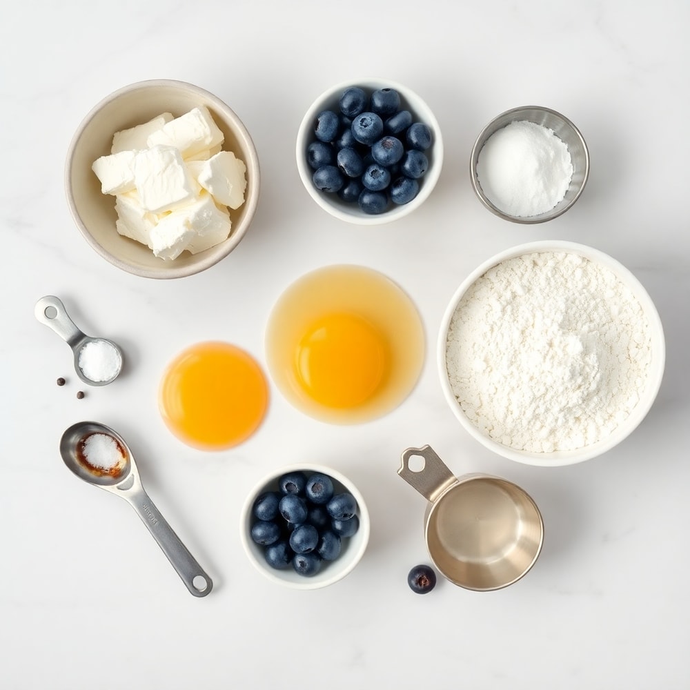 Blueberries, cottage cheese, eggs, almond flour, and baking powder arranged on a white marble surface