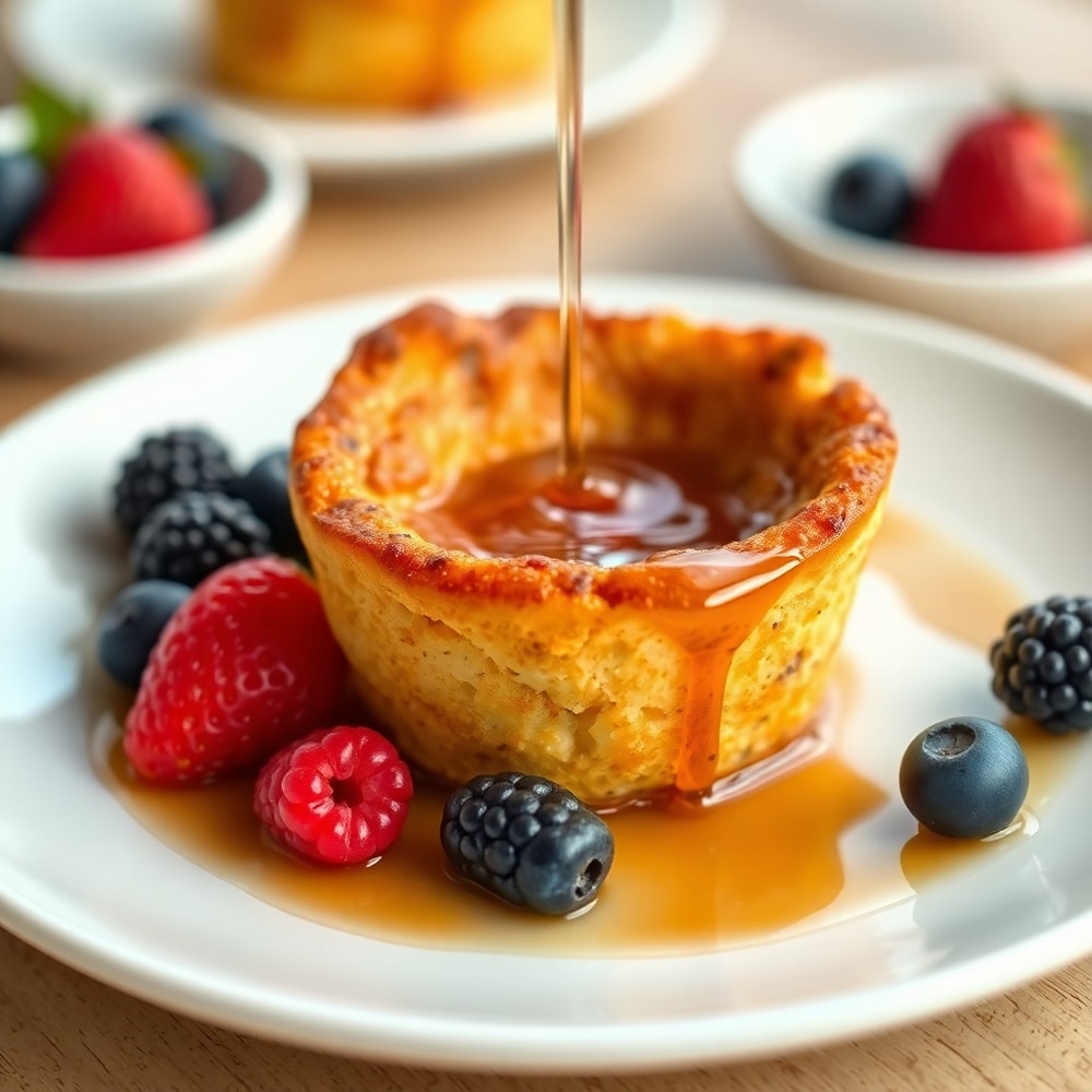 French Toast Cups plated with fresh berries and maple syrup