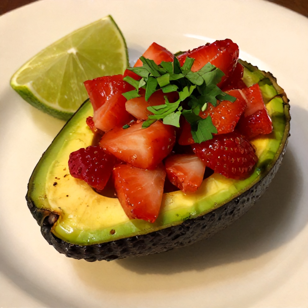 Plated Fresh Strawberry Salsa Stuffed Avocado with a lime wedge