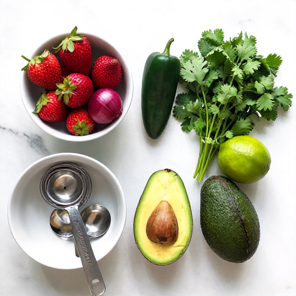 Raw ingredients for Fresh Strawberry Salsa Stuffed Avocado on a white marble surface