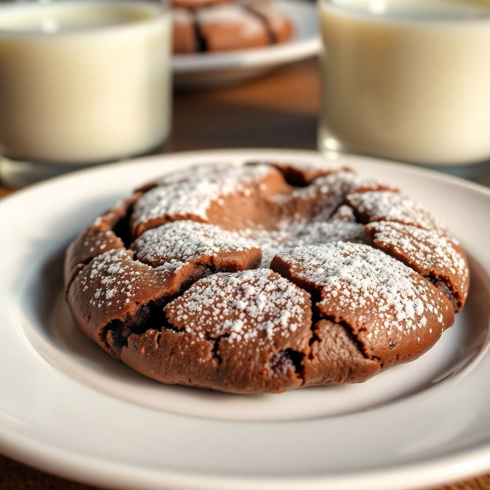 Fudgy chocolate brownie cookie on a plate with a glass of milk