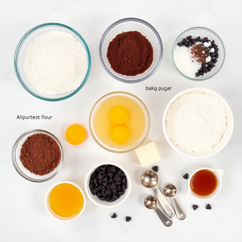 Raw ingredients for fudgy chocolate brownie cookies on a marble counter
