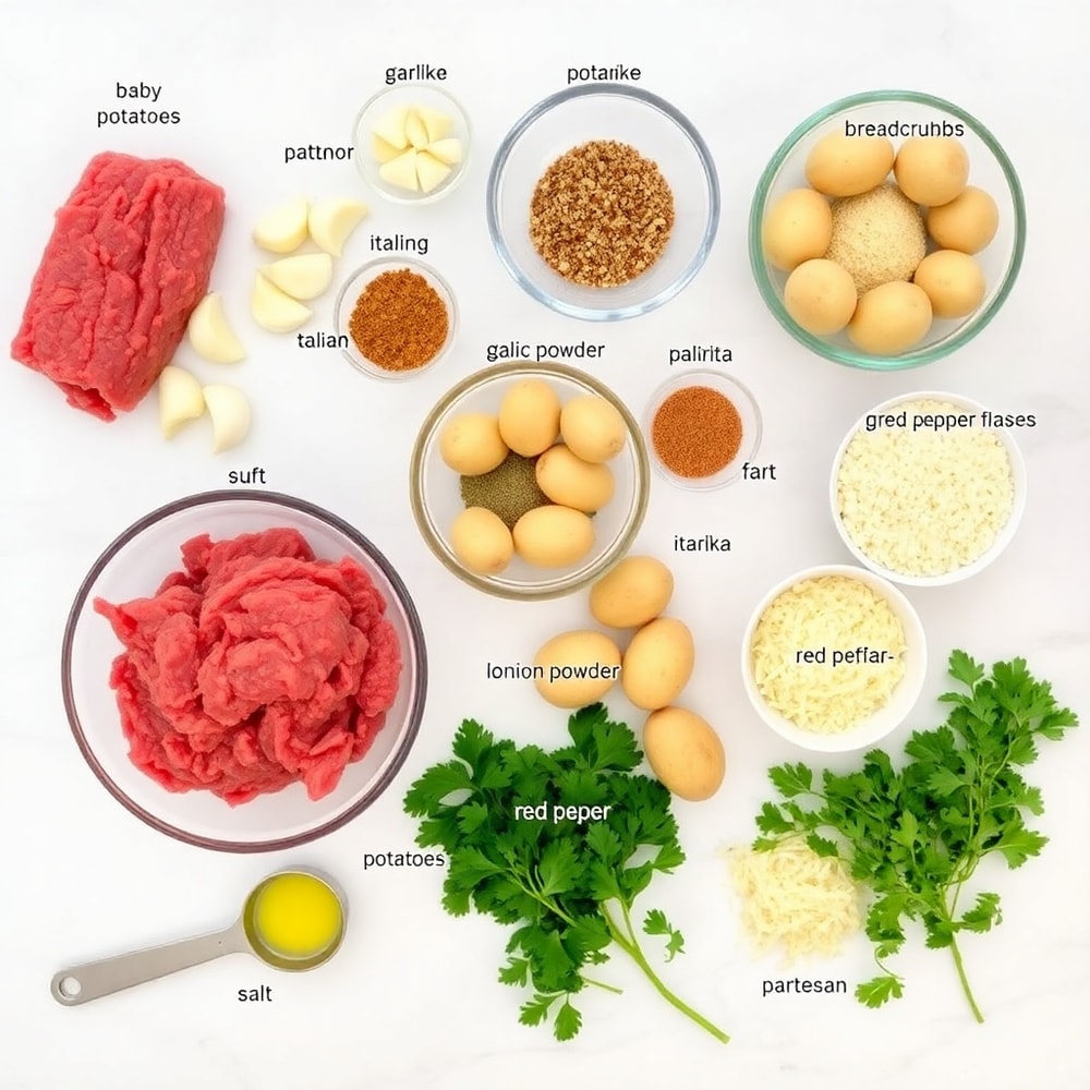 Raw ingredients for Garlic Butter Meatballs and Potatoes