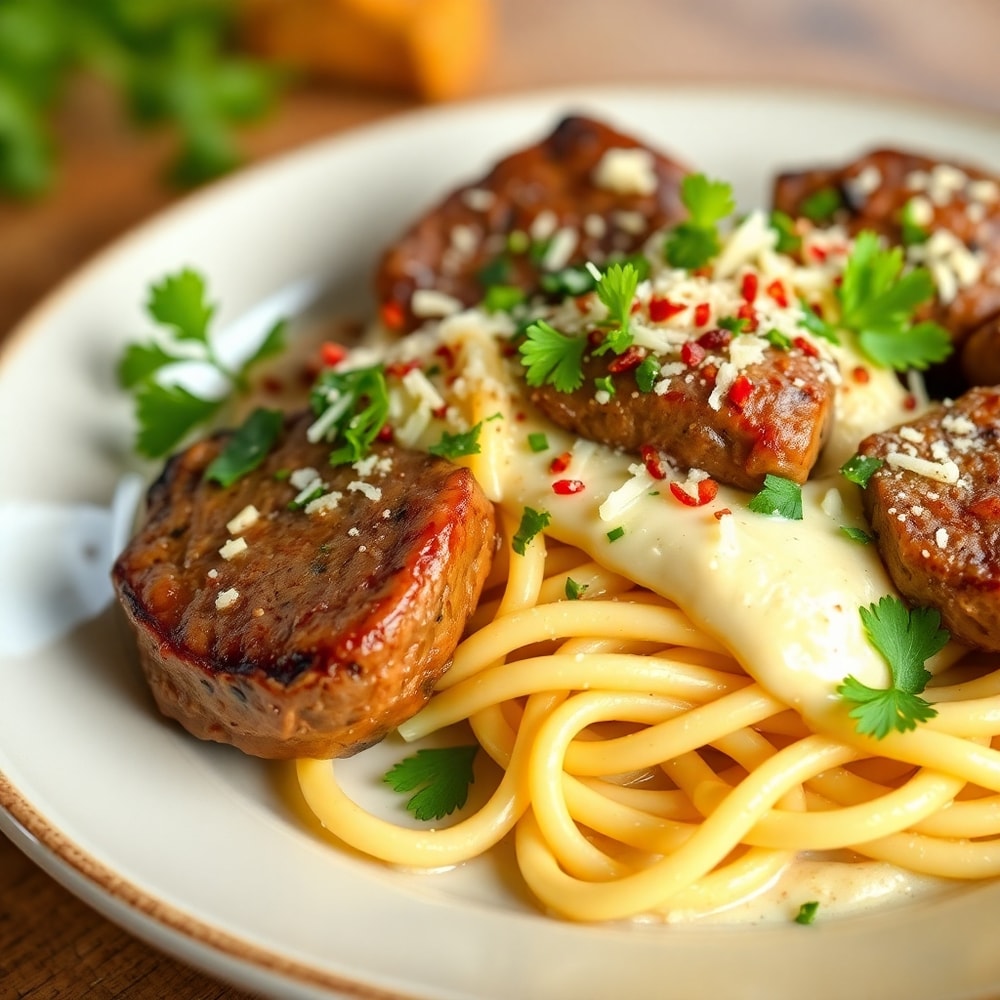 Garlic Butter Steak Bites with Pasta & Parmesan Cream plated