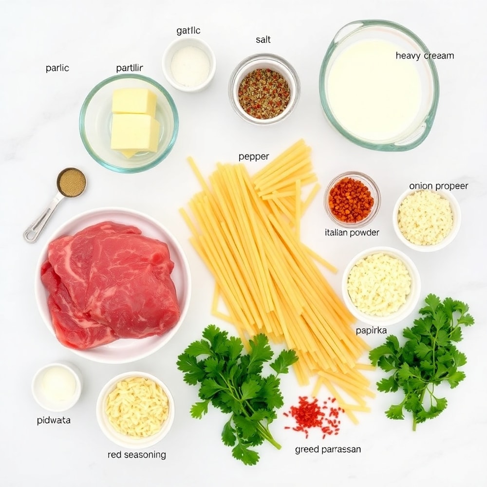 Raw ingredients for Garlic Butter Steak Bites with Pasta & Parmesan Cream