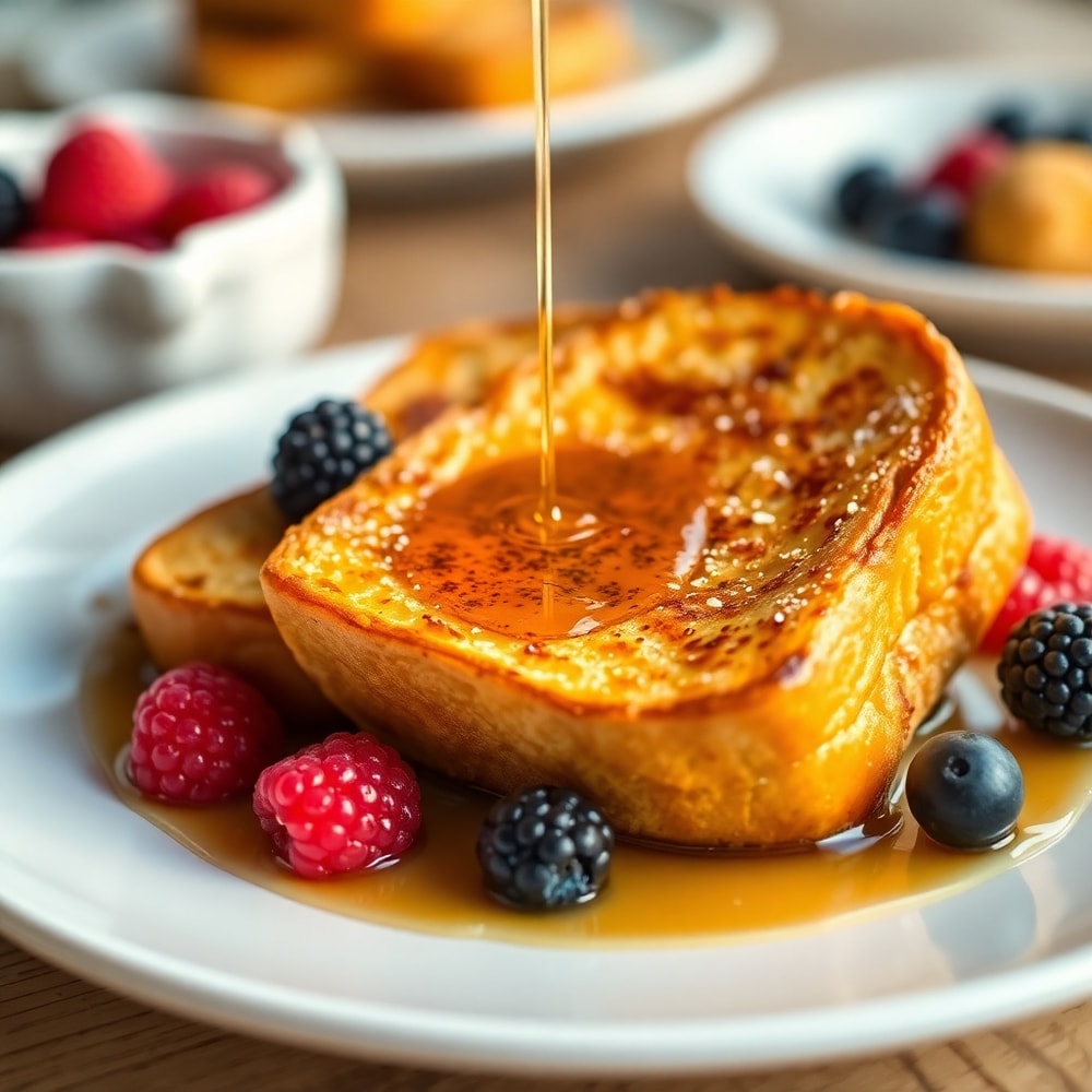 Golden French Toast on a plate with syrup and fresh berries
