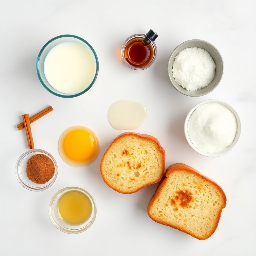 Ingredients for Golden French Toast on a marble counter