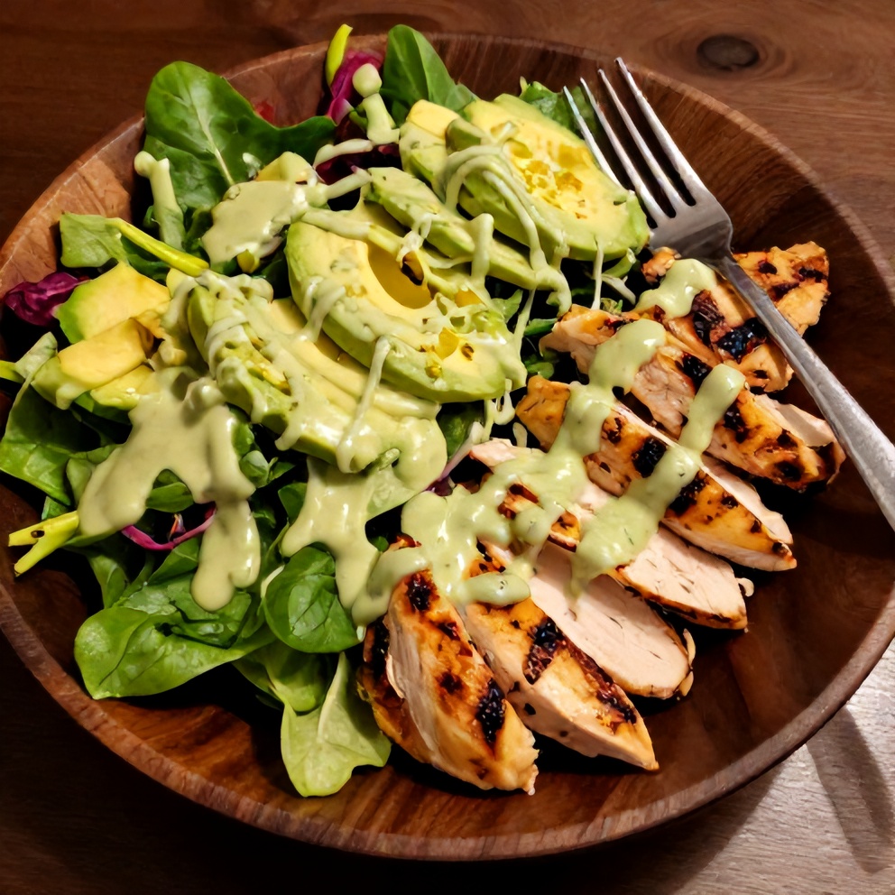 Plated Grilled Chicken Cobb Salad with Avocado Dressing
