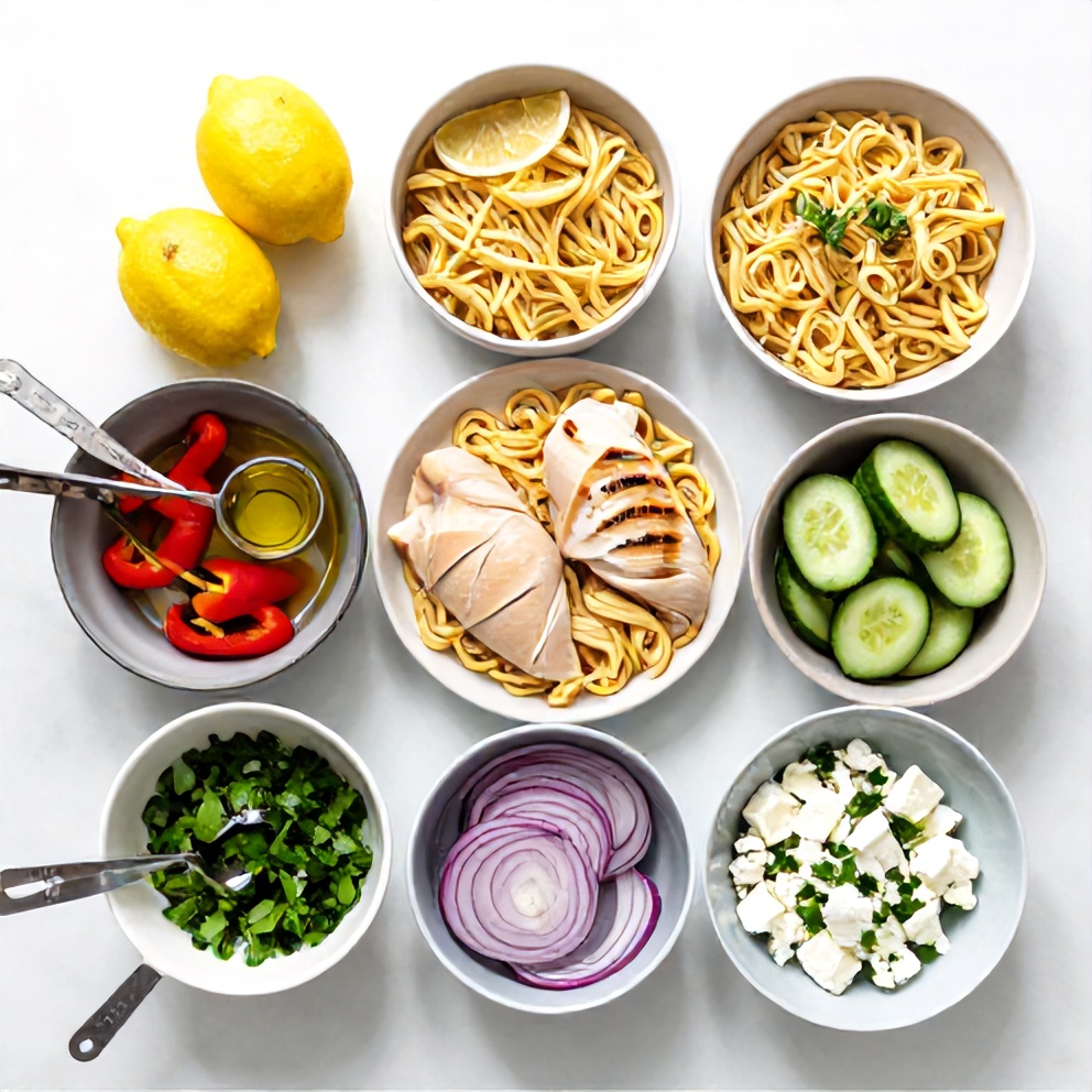 Raw ingredients for Grilled Chicken Orzo Salad