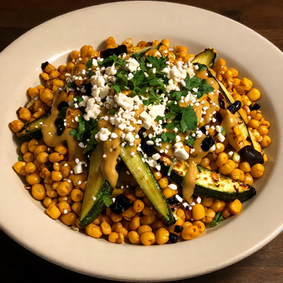 Plated Mexican street corn grilled zucchini