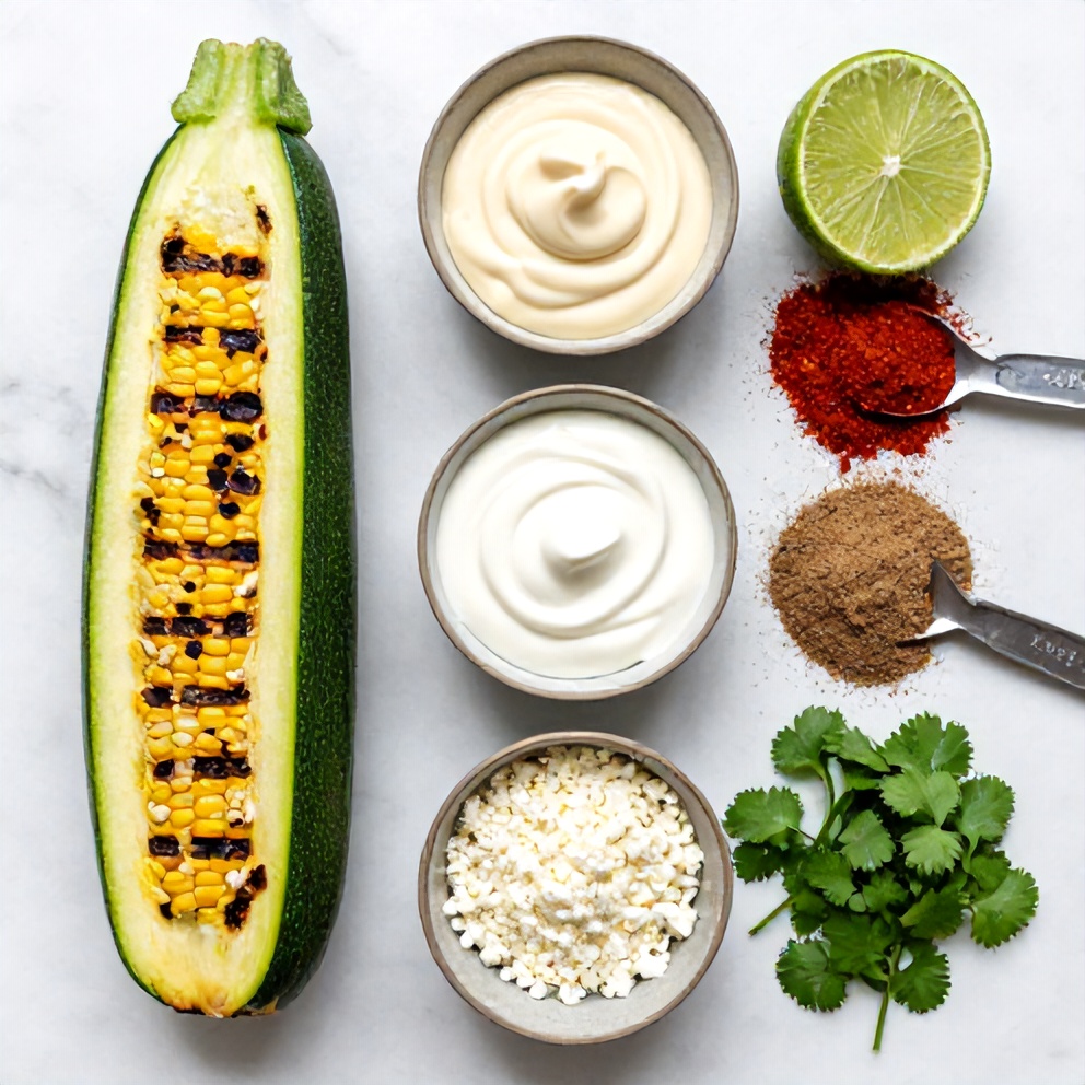 Raw ingredients for Mexican street corn grilled zucchini