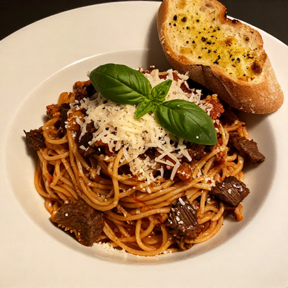 Pasta bowl of beef ragu with garlic bread
