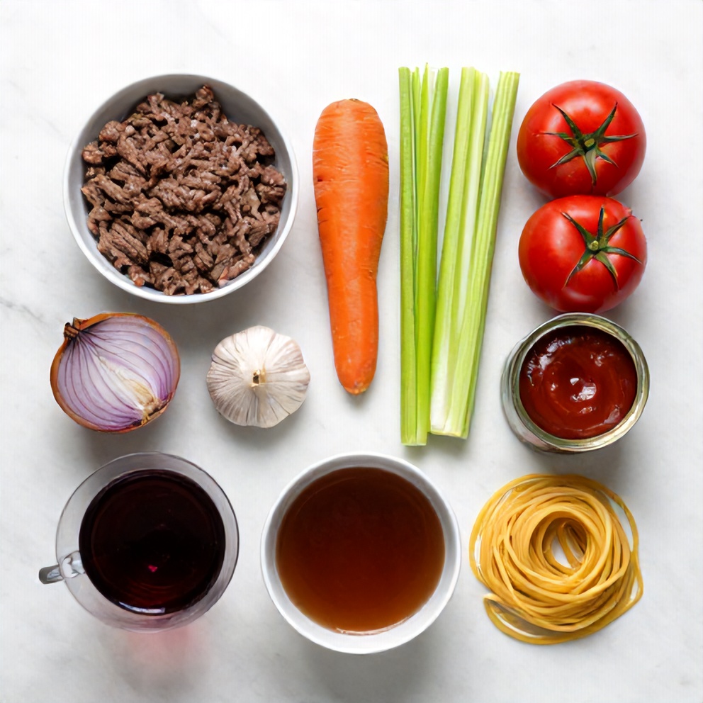 Raw ingredients for beef ragu pasta