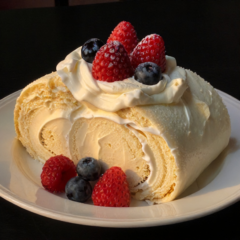 Sliced cloud cake with whipped cream and mixed berries