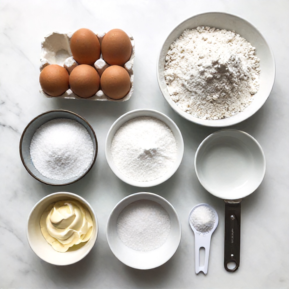 Cloud cake ingredients including flour, sugar, eggs, and cream of tartar