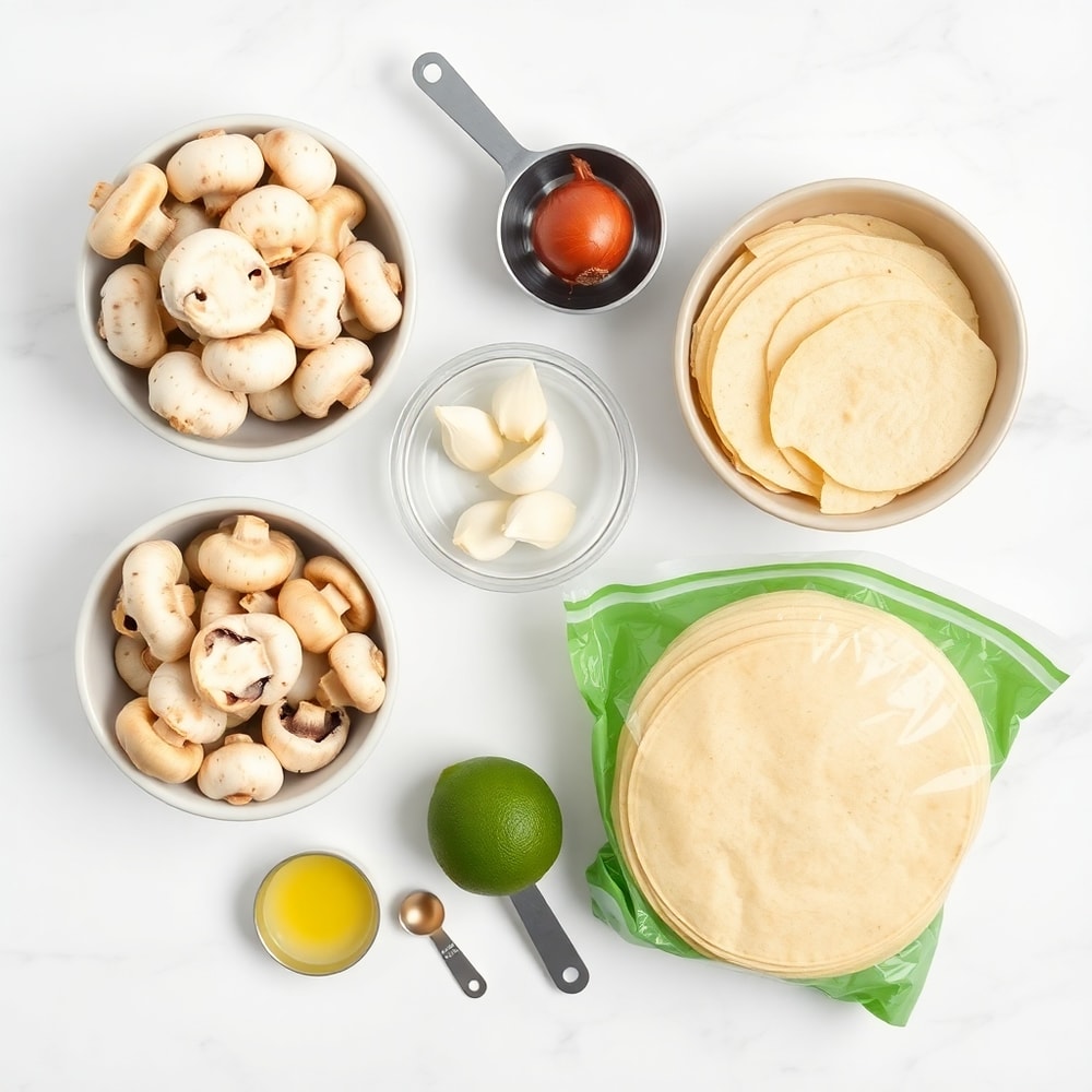 Raw ingredients for Mushroom Tacos on a wooden surface