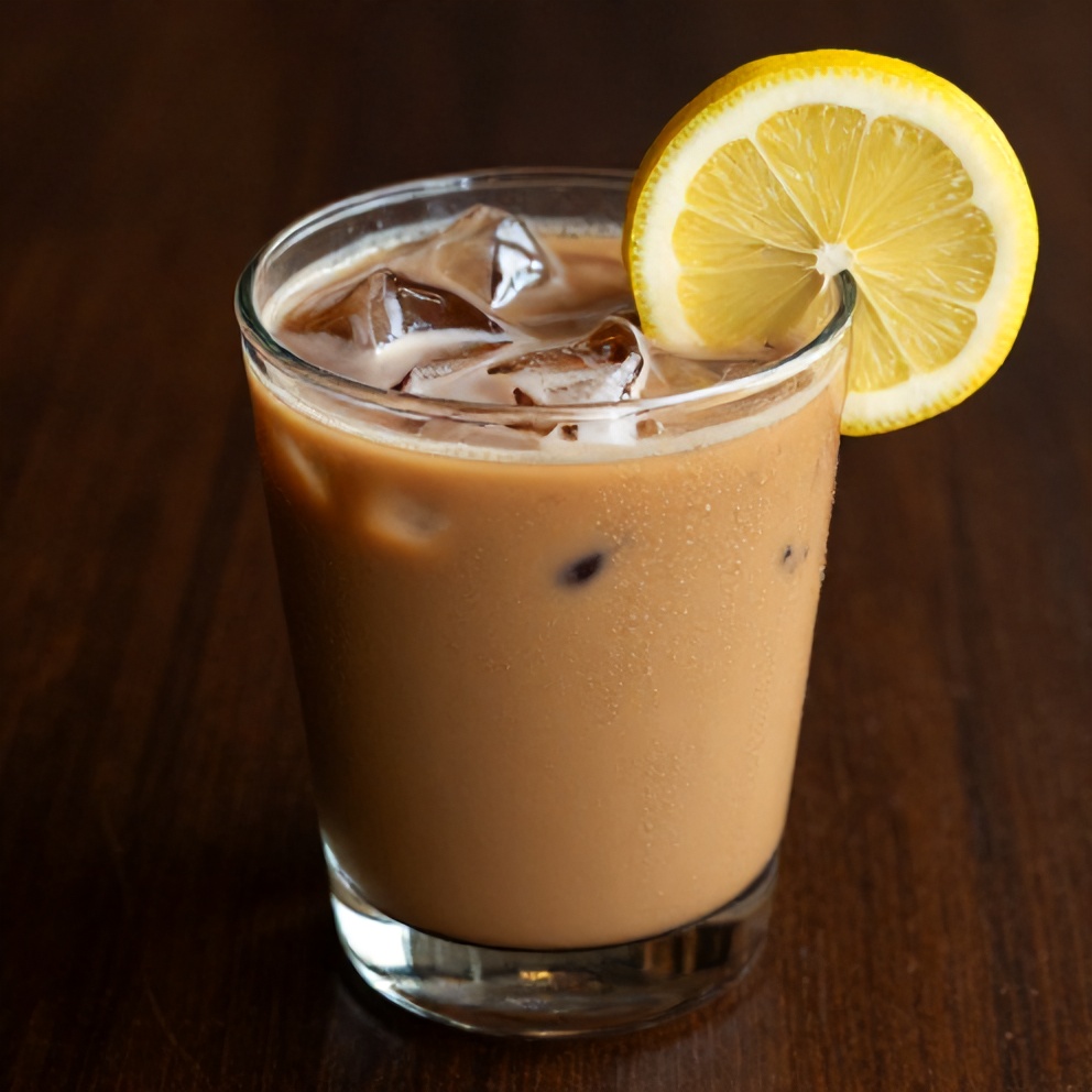 Hibiscus cardamom iced latte with a lemon slice garnish