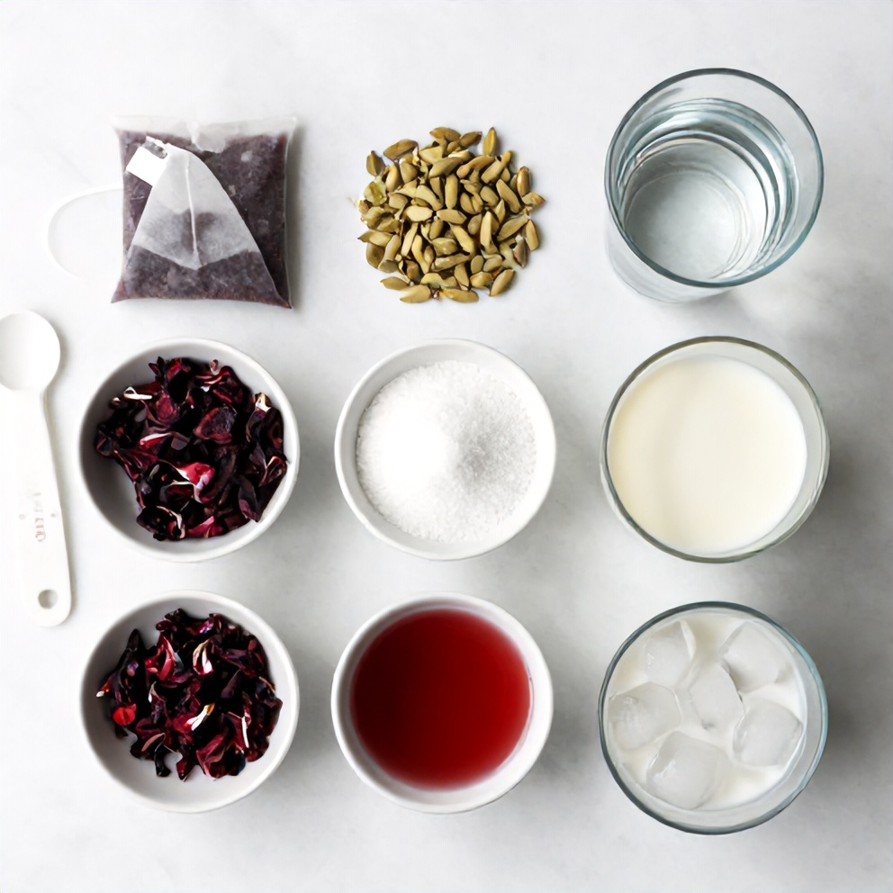 Hibiscus tea bags, cardamom pods, sugar, water, milk, and ice on a wooden surface