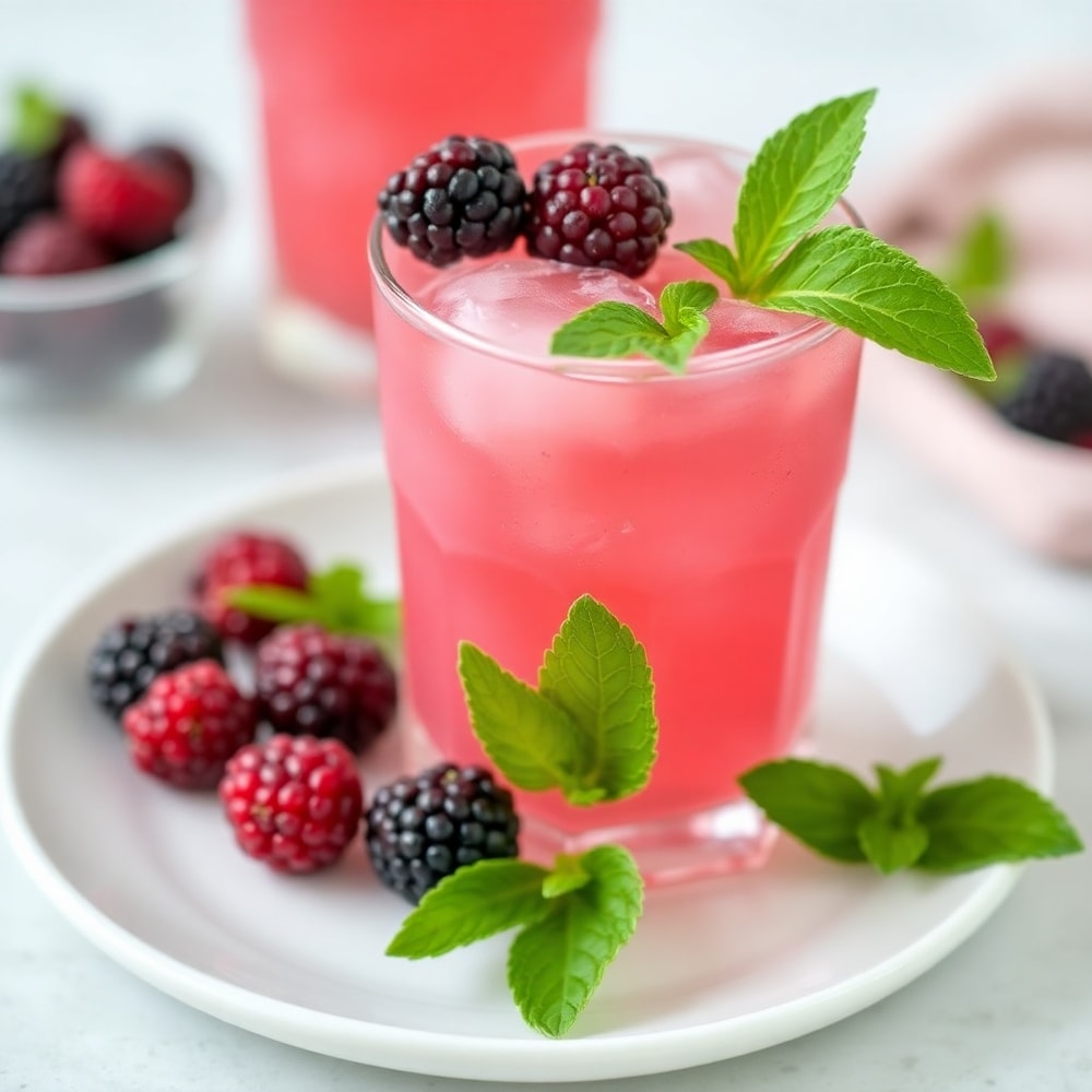 A glass of Blackberry Coconut Pink Drink garnished with fresh blackberries
