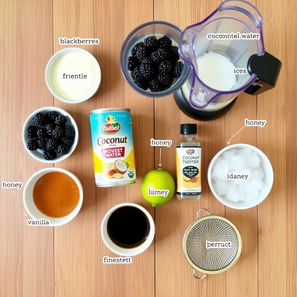 Ingredients for Blackberry Coconut Pink Drink laid out on a wooden surface