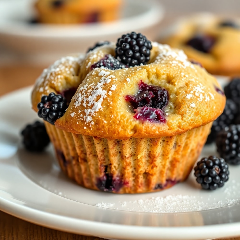 Plated homemade blackberry muffins with a sprinkle of powdered sugar