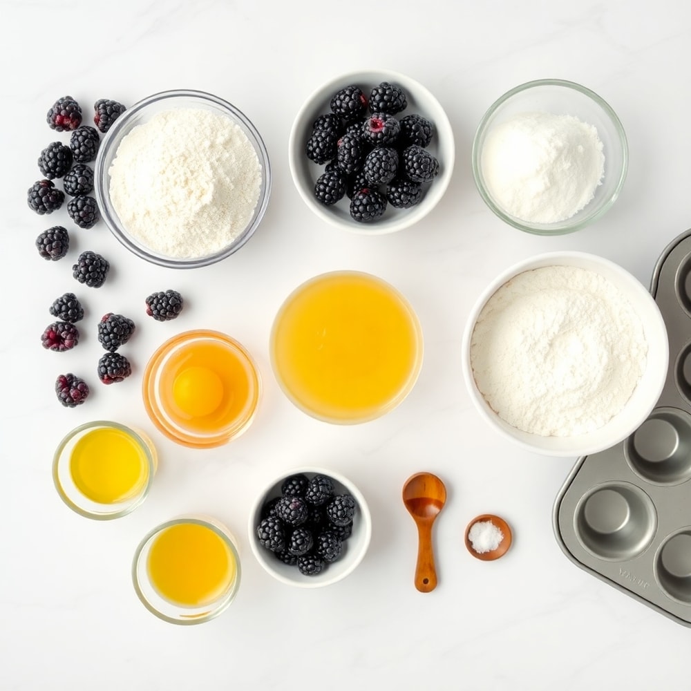 Raw ingredients for homemade blackberry muffins including fresh blackberries, flour, sugar, and eggs