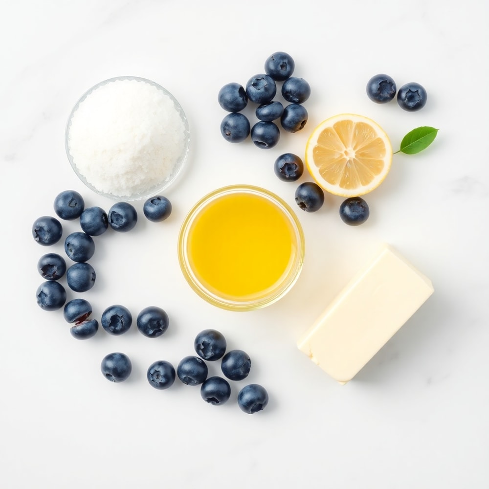 Blueberries, lemon juice, sugar, and butter arranged on a wooden surface