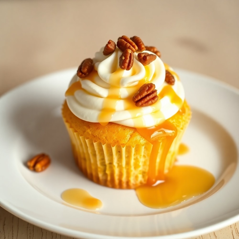 Plated Honey Peach Cream Cheese Cupcake with a dollop of whipped cream