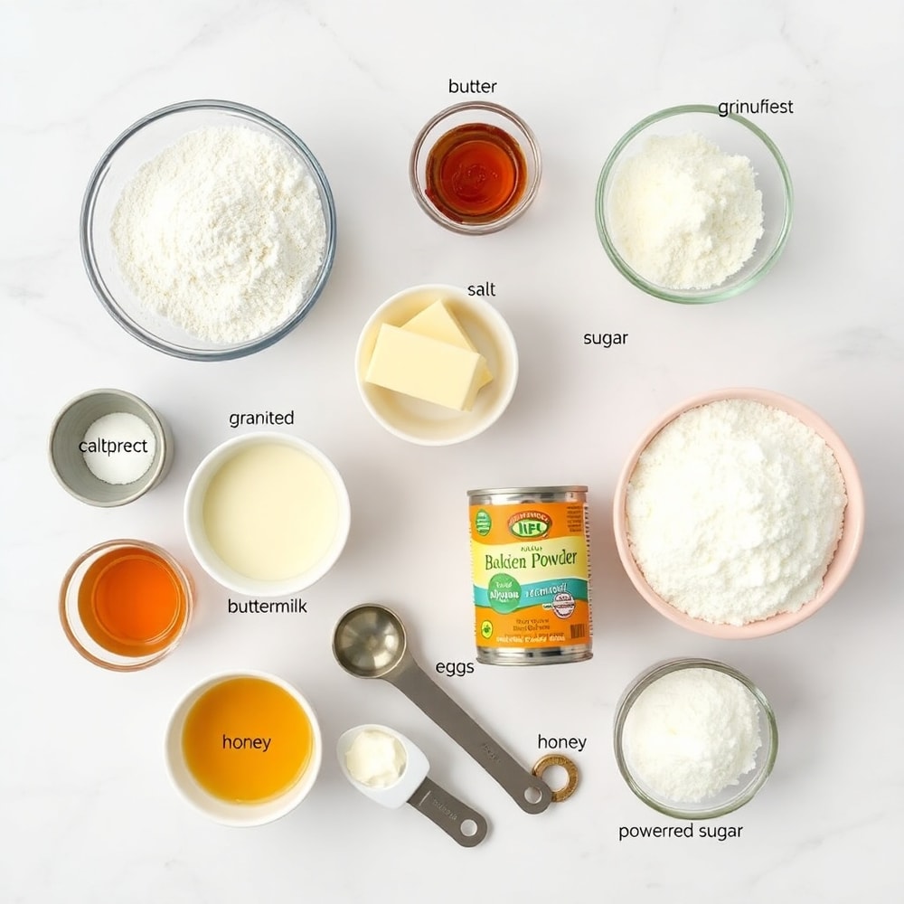 Raw ingredients for Honey Peach Cream Cheese Cupcakes on a marble surface