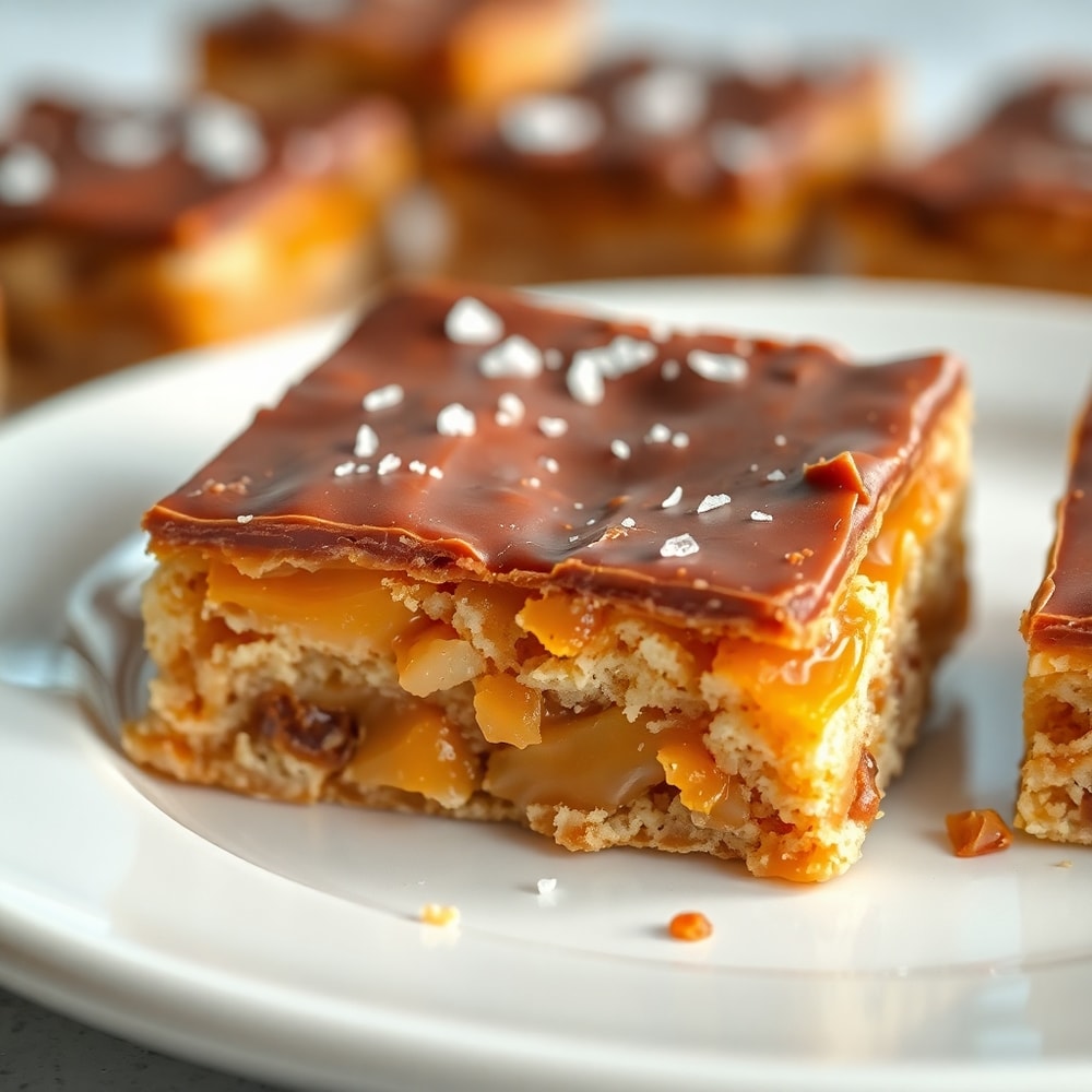 Caramel crush bars on a white plate, close-up