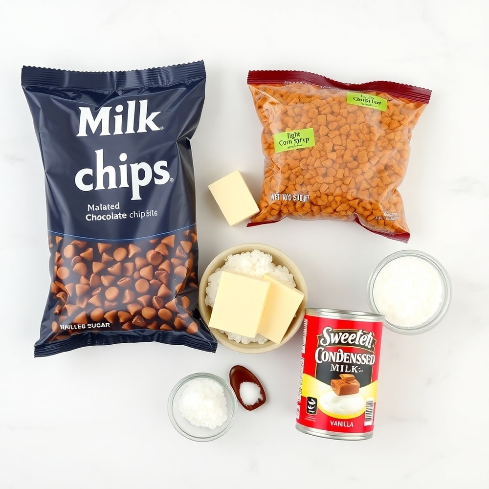 Unopened ingredients for caramel crush bars on a white marble surface