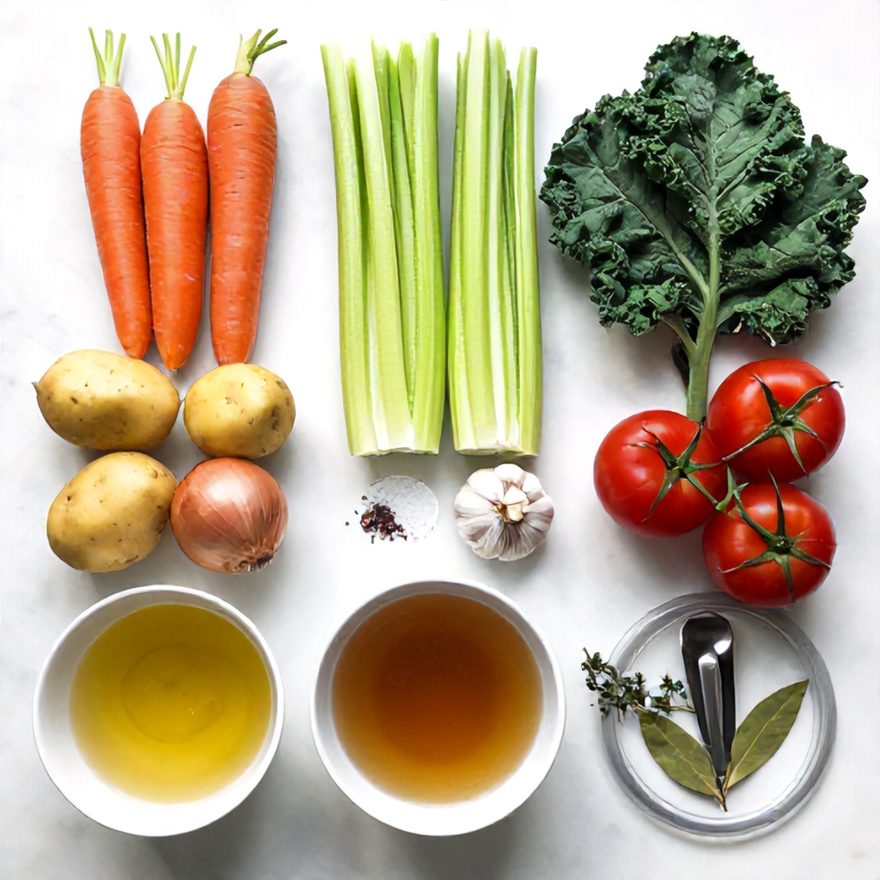 Raw ingredients for Irish Vegetarian Stew on a wooden surface