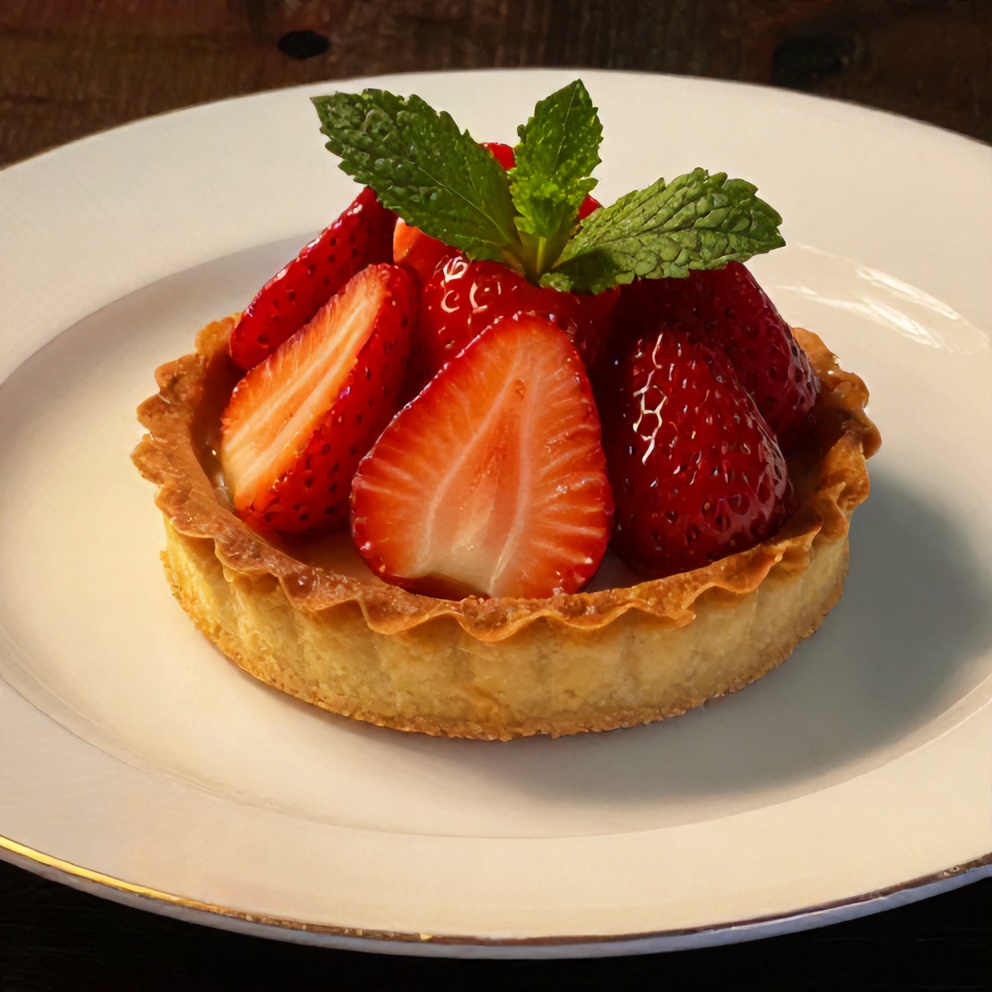 Plated Irresistible Strawberry Tartlet with a mint leaf