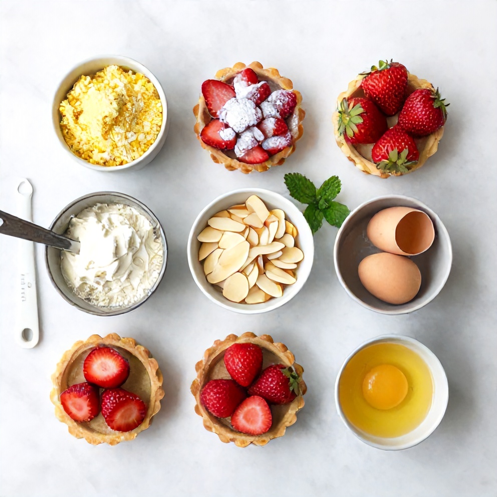 Ingredients for Strawberry Tartlets on a marble surface