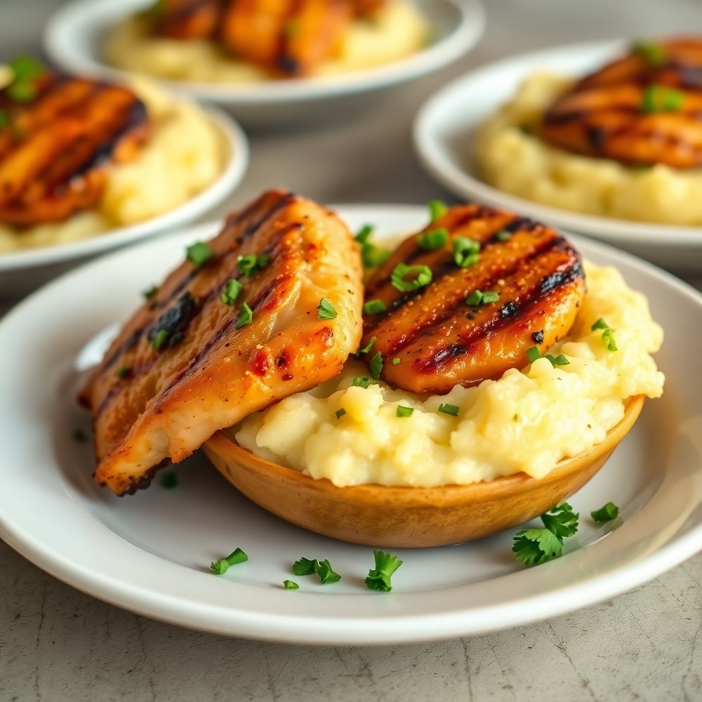 One perfect plated serving of Juicy Grilled Chicken Mashed Potato Bowls on a white plate, garnished with chopped parsley. Close crop, warm side lighting showing creamy mashed potatoes and crispy chicken.
