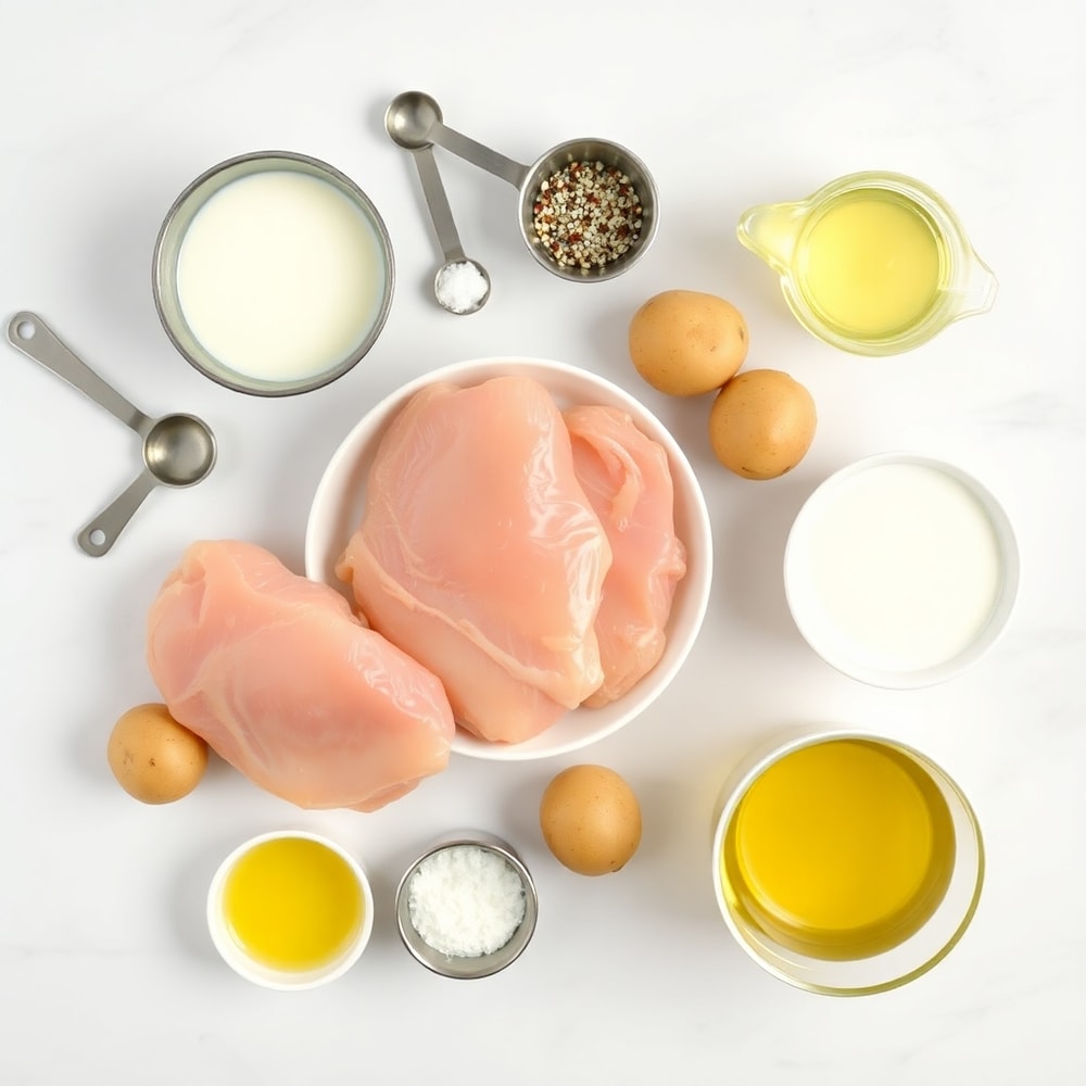 Overhead flat lay of raw ingredients for Juicy Grilled Chicken Mashed Potato Bowls: chicken breasts, potatoes, garlic, butter, milk, salt, pepper, and olive oil. Measuring spoons and bowls visible on a white marble surface under bright even light.
