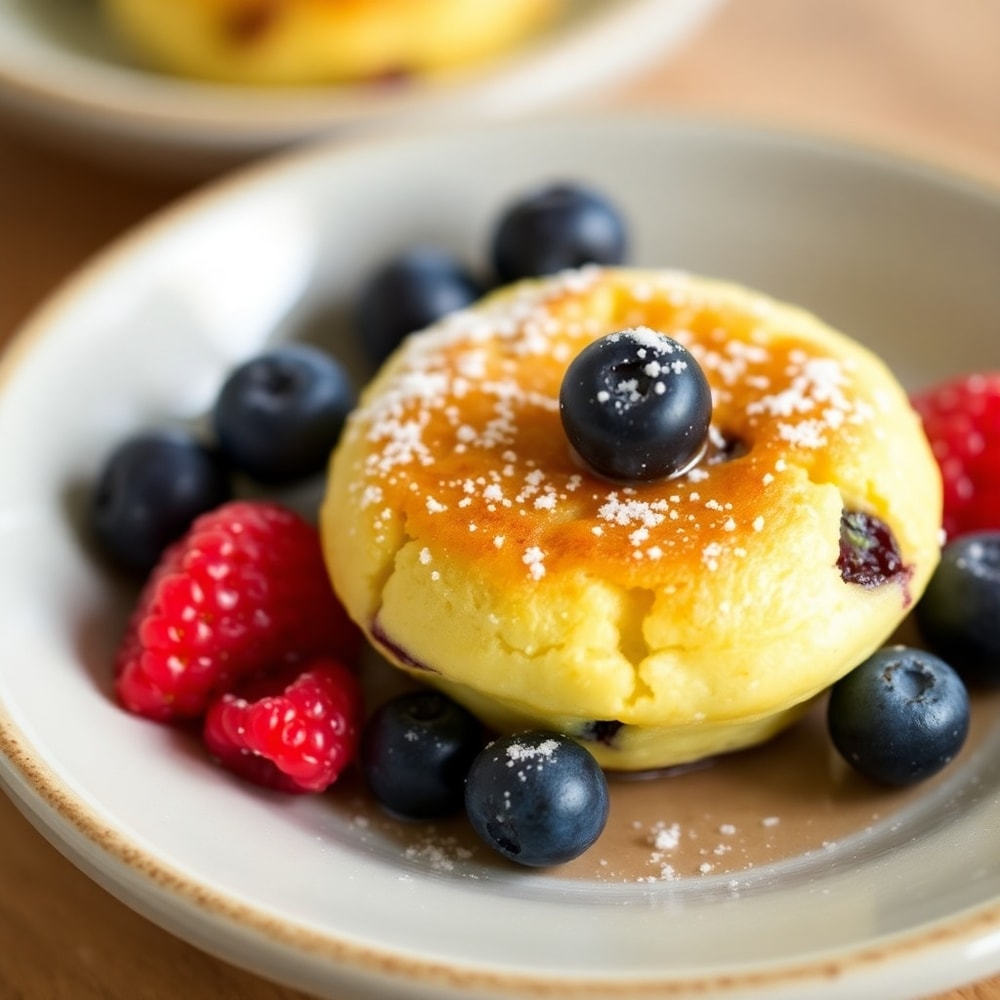 Plated Lemon Blueberry Cottage Cheese Pancake Bites