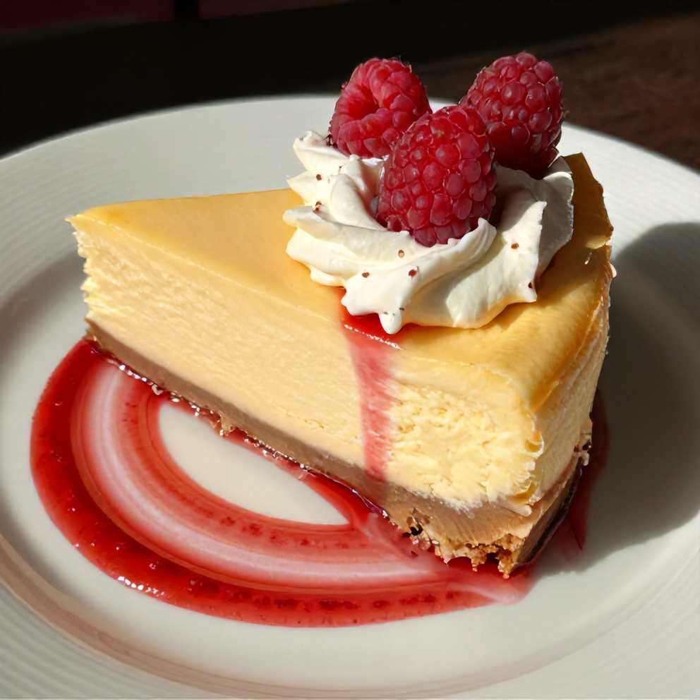 Lemon Raspberry Swirl Cheesecake slice with raspberry sauce and fresh raspberries