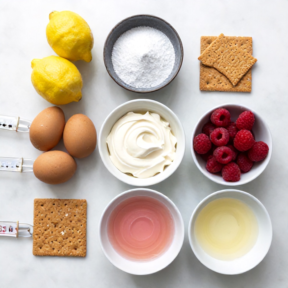 Lemon Raspberry Swirl Cheesecake ingredients: cream cheese, sugar, eggs, lemon juice, raspberries, etc.
