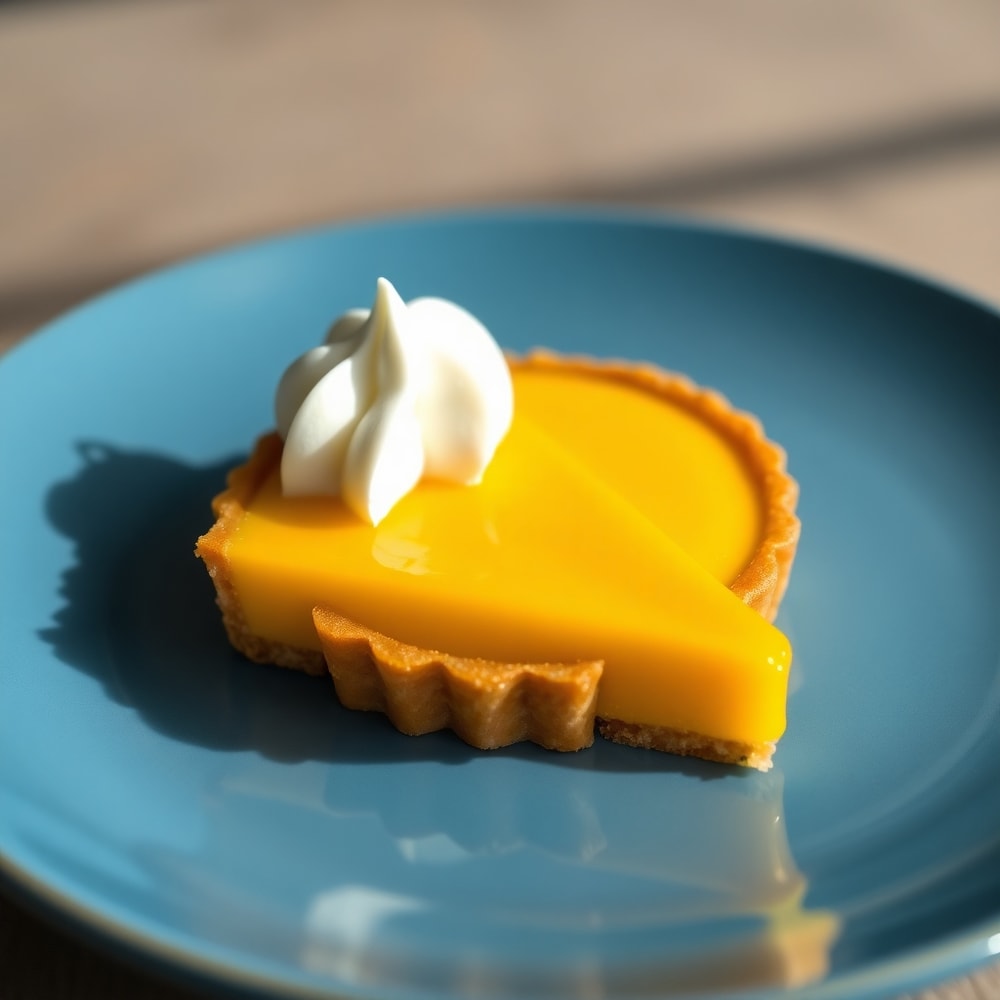 Mango Curd Tart with a dollop of whipped cream on a blue plate