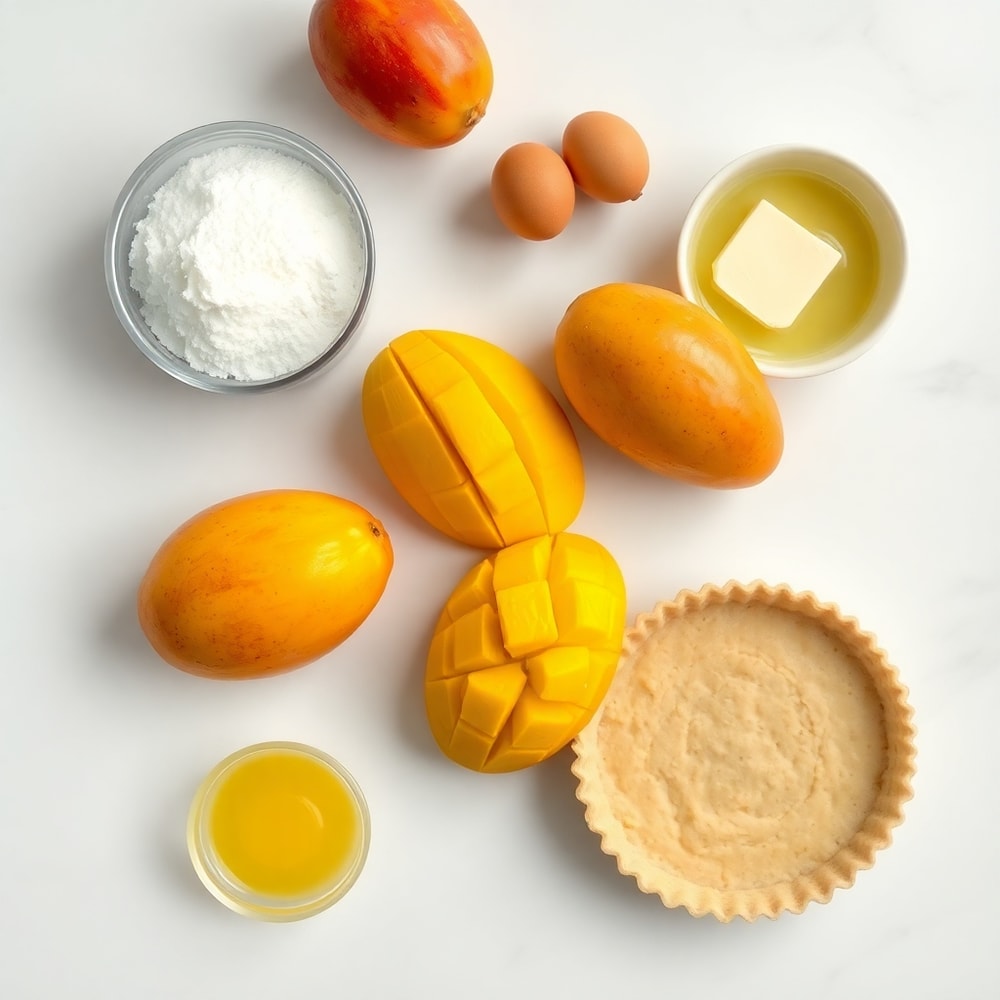 Mango, eggs, sugar, butter, lemon juice, and tart shell on a marble counter