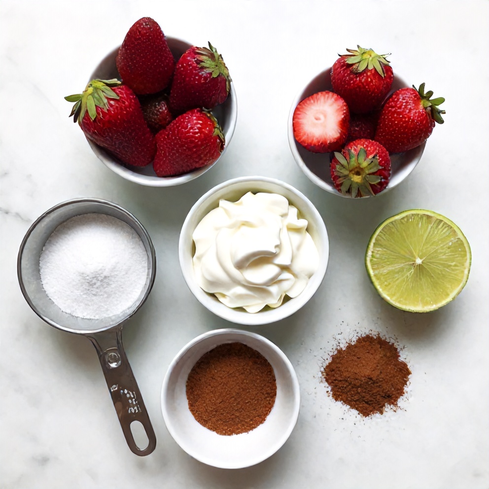 Raw ingredients for Mexican Strawberries Cream Dessert: strawberries, heavy cream, sugar, lime juice, and cinnamon