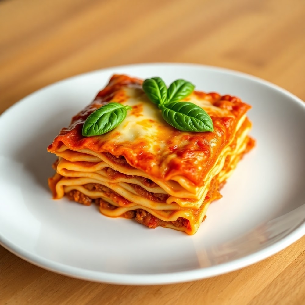 Plated serving of Million Dollar Lasagna with fresh basil